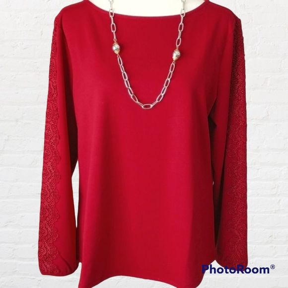 Appleseed's Tops - Appleseed's bateau neck top ruby red long sleeves lace  size L